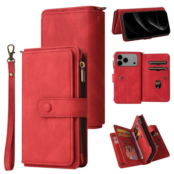 iPhone 17 Pro Konstläder Plånboksfodral Zipper Rem Röd