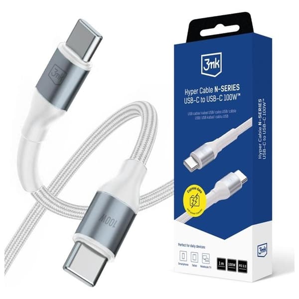 3MK USB-C til USB-C 100W Kabel 20V/5A 1m N-SERIE Hyper - Hvid Svart