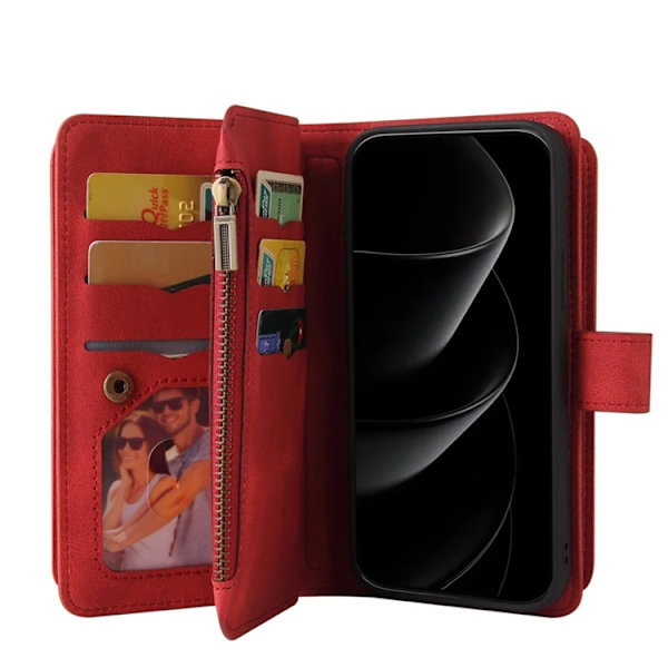 iPhone 17 Pro Konstläder Plånboksfodral Zipper Rem Röd