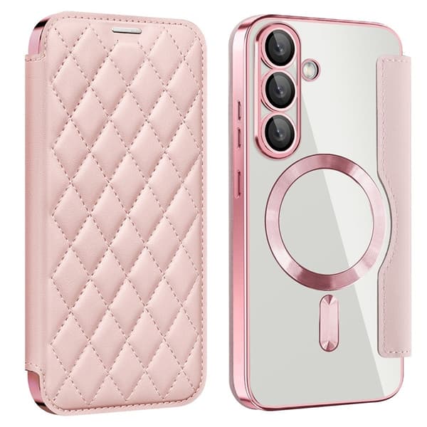 Galaxy S25 Plånboksfodral MagSafe Rhombus Konstläder - Rosa Rosa