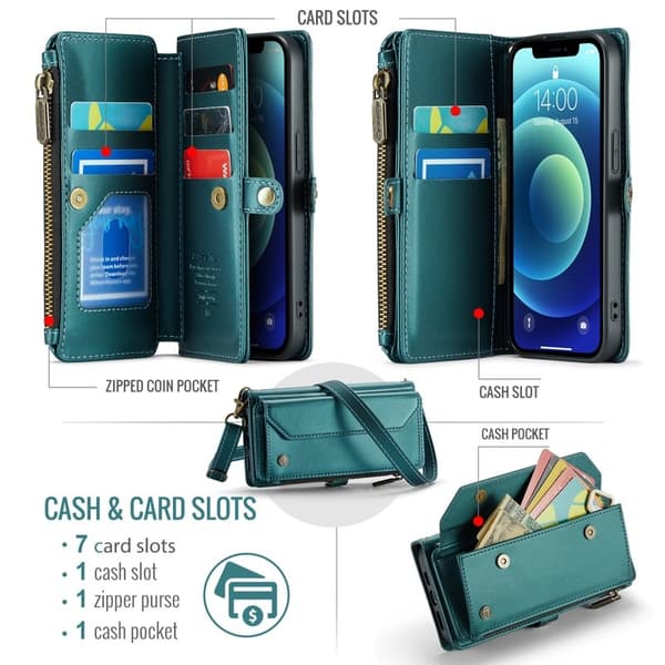 CASEME Plånboksfodral Konstläder för iPhone 12/12 Pro - Grön