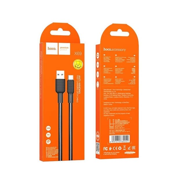 HOCO USB-A til USB-C Kabel 1m 3A X69 - Sort/Hvid Black