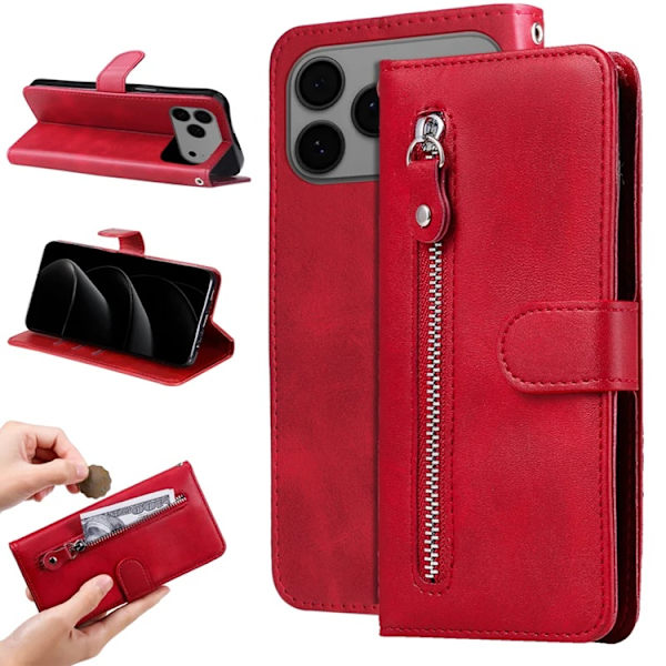 iPhone 17 Pro Max Konstläder Plånboksfodral Zipper - Röd Röd