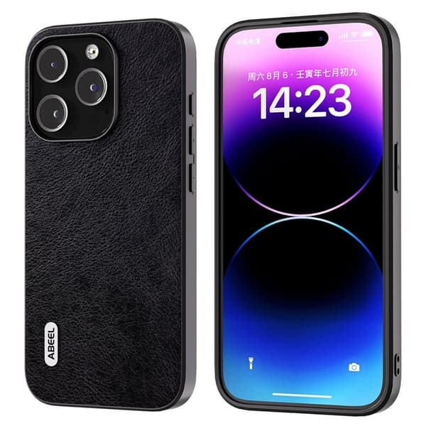 ABEEL Back Shell Mobilskal till iPhone 15 Pro Litchi Textur PU Läder Svart