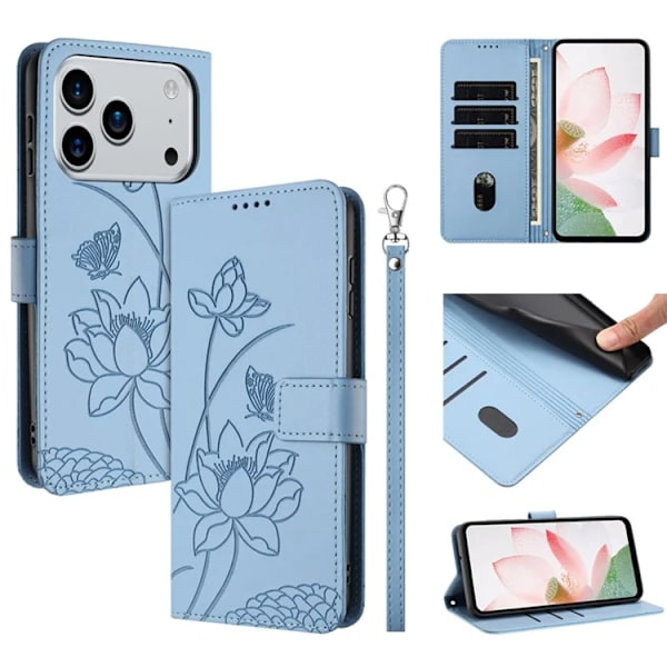 iPhone 17 Pro Max Konstläder Plånboksfodral Lotus Imprint - Blå Blå
