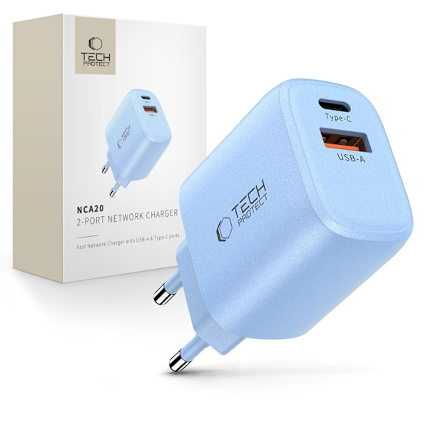 Tech-Protect Väggladdare Adapter USB-A/USB-C 30W - Baby Blå Blå