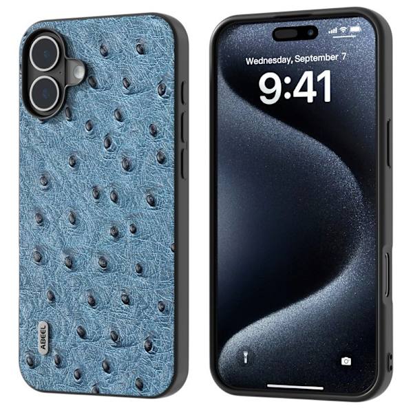 ABEEL Mobilskal till iPhone 16 Äkta Läder + PC + TPU Blå Ostrich Textur