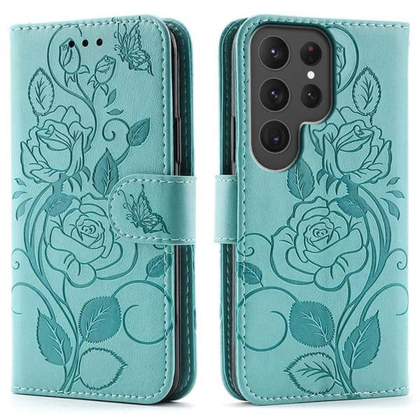 Galaxy S25 Ultra Konstläder Plånboksfodral Imprinted Rosa Butterfly - Grön Grön