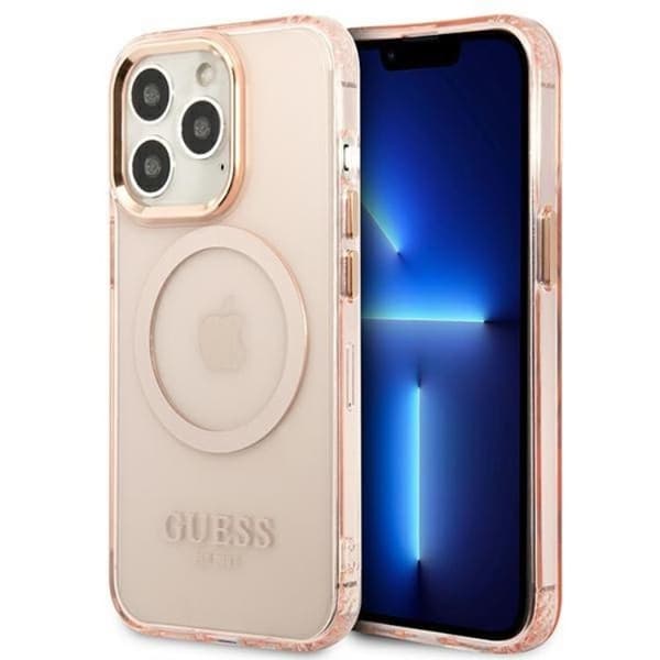 GUESS iPhone 13 Pro Max Skal MagSafe Guld Outline Translucent - Rosa Rosa