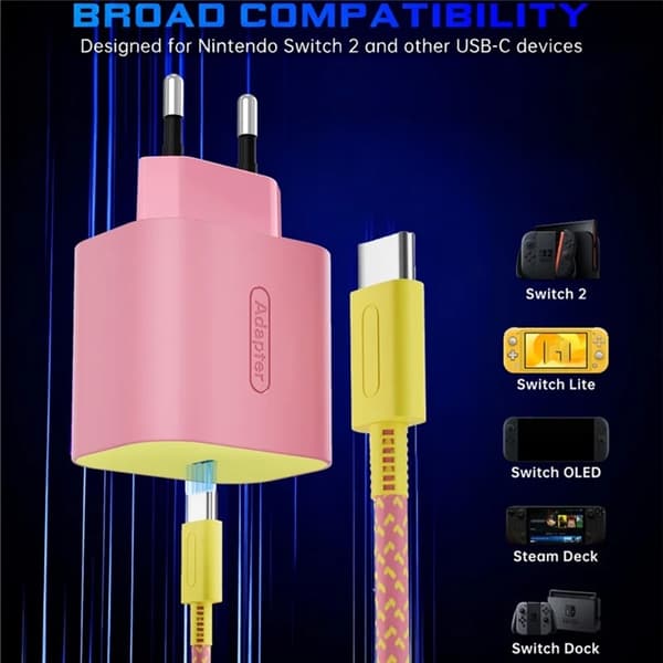 60W Snabbladdare För Nintendo Switch 2/Lite/OLED Spelkonsol Typ-C Rosa