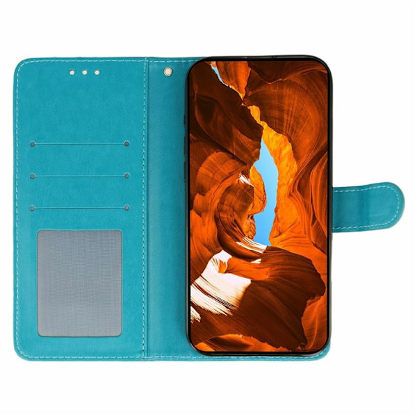 OnePlus 15 5G Konstläder Plånboksfodral Imprinted Rosa Butterfly - Blå Blå