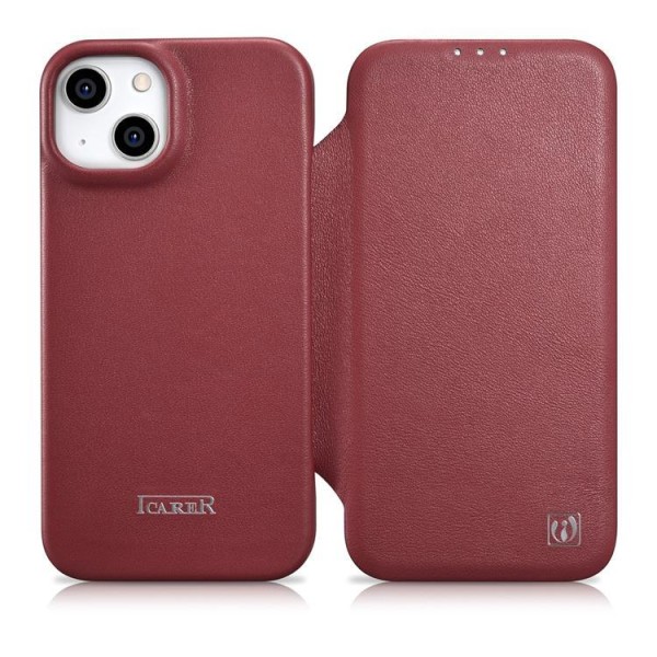 iCarer iPhone 14 -lompakkokotelo Magsafe CE -nahkainen - punainen