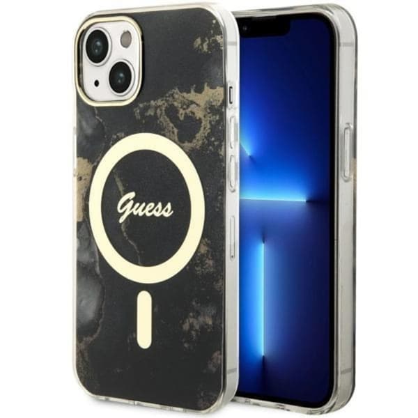 Guess iPhone 14 Mobilskal MagSafe Guld Marble - Sort Black