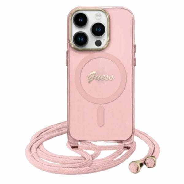 Guess Mobilskal till iPhone 16 MagSafe Crossbody Cord Script - Rosa Rosa