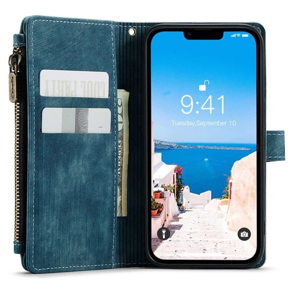 CASEME iPhone 14 Konstläder Plånboksfodral med Kortfickor och Dragkedja Blå