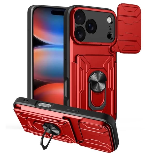 Mobilskal till iPhone 17 Pro Max Kamera Slider PC + TPU Kickstand - Röd Röd