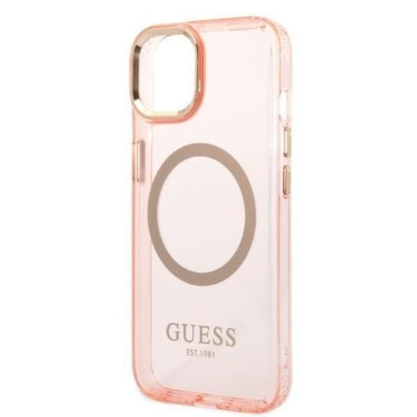 GUESS iPhone 14 Plus Skal MagSafe Gold Outline Translucent - Rosa