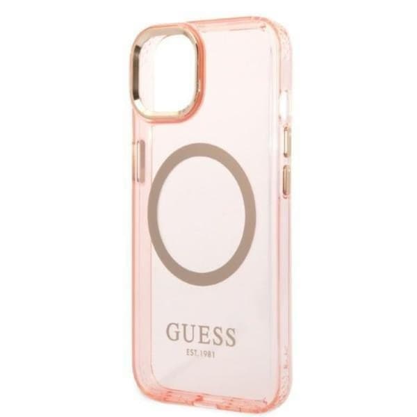 GUESS iPhone 14 Plus Skal MagSafe Guld Outline Translucent - Rosa Rosa