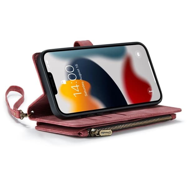 CASEME Konstläder Plånboksfodral för iPhone 13 Pro Max med Rem - Röd