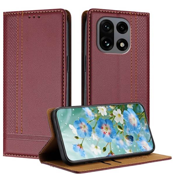 OnePlus 15 Plånboksfodral L-Shaped Grid Pattern Konstläder Vinröd