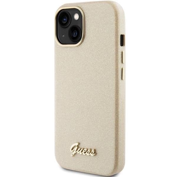 Guess iPhone 15 Mobilskal Glitter Glossy Script - Kulta Guld