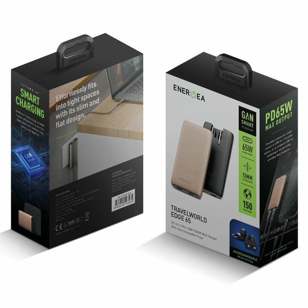 Energea Snabbladdare 65W 2xUSB-C 3.0 (US/UK/EU) TravelWorld Edge - Guld