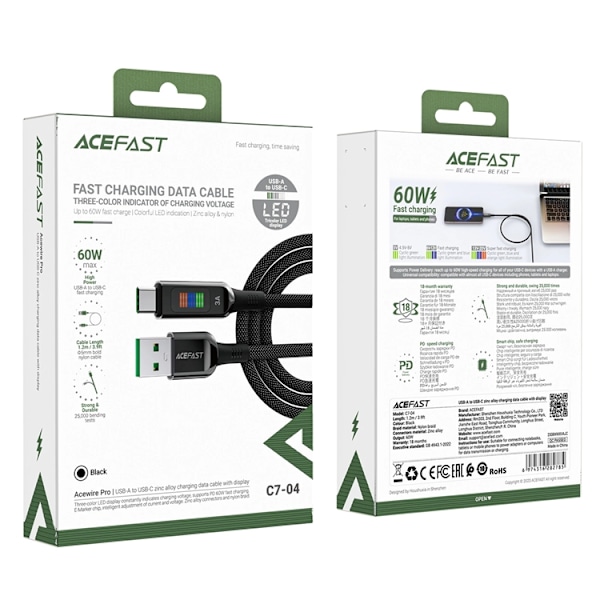 Acefast USB-C till USB-A kabel 60W 1.2m med Display - Svart Svart