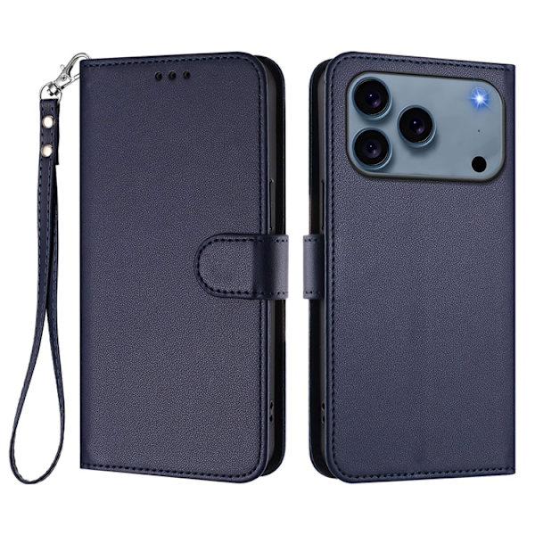 iPhone 17 Pro Plånboksfodral Läder med Handledsrem - Blå Blå