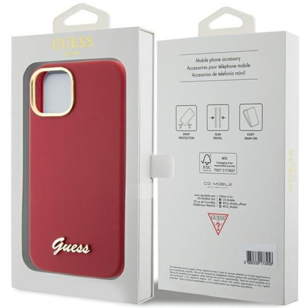 Guess iPhone 15 Mobilskal Silikon Script Metal Logo Frame Röd