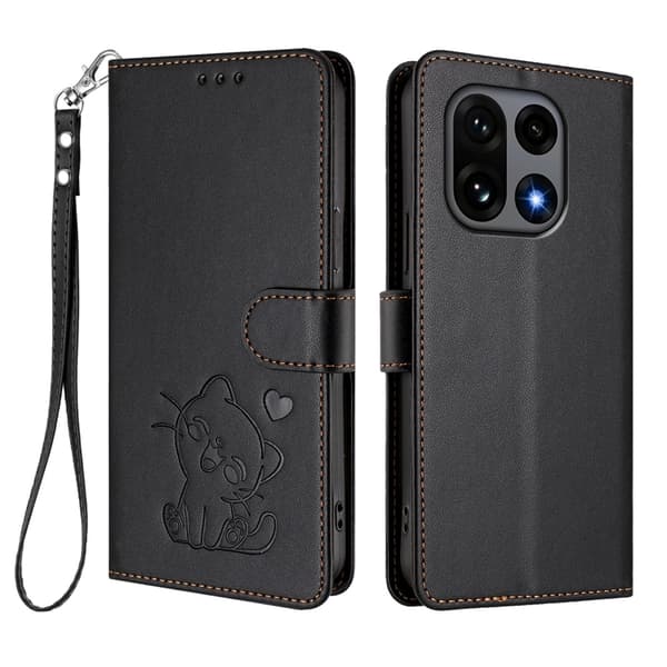 OnePlus 15 5G Konstläder Plånboksfodral Love Cat Pattern Imprint Svart