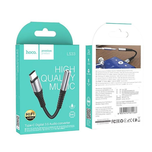HOCO AUX 3.5mm till USB-C Adapter LS33 - Grå Grå