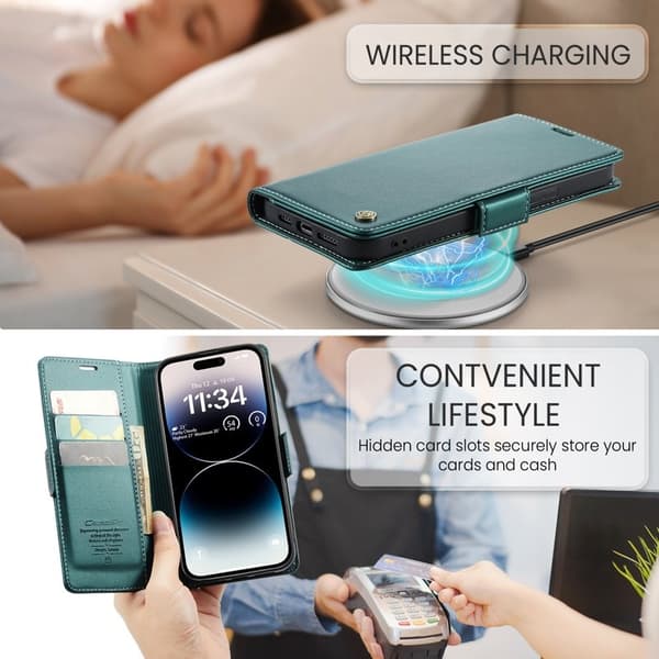 CASEME iPhone 14 Pro Plånboksfodral Konstläder RFID-Skydd 3 Kort Grön