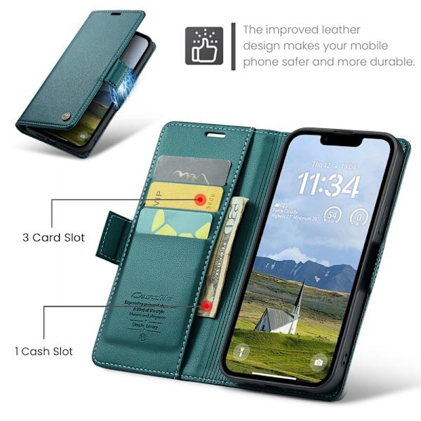 CASEME Plånboksfodral Konstläder för iPhone 16e RFID-Skydd Grön