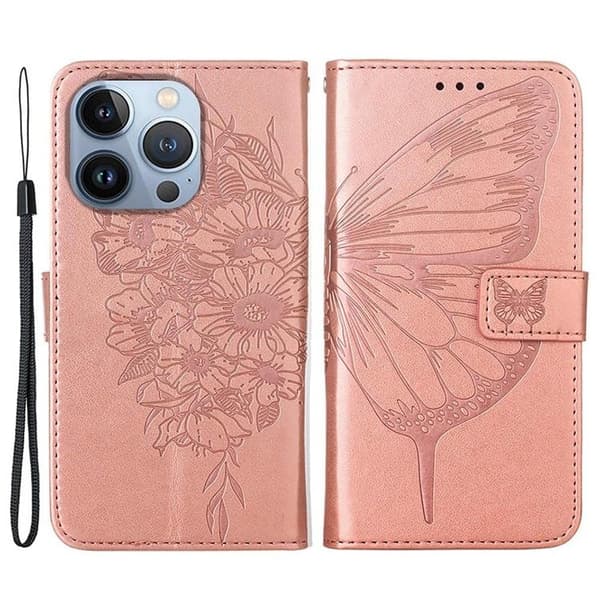 iPhone 14 Pro Max Plånboksfodral Butterfly Flower Imprinted - Rosa Guld Roséguld