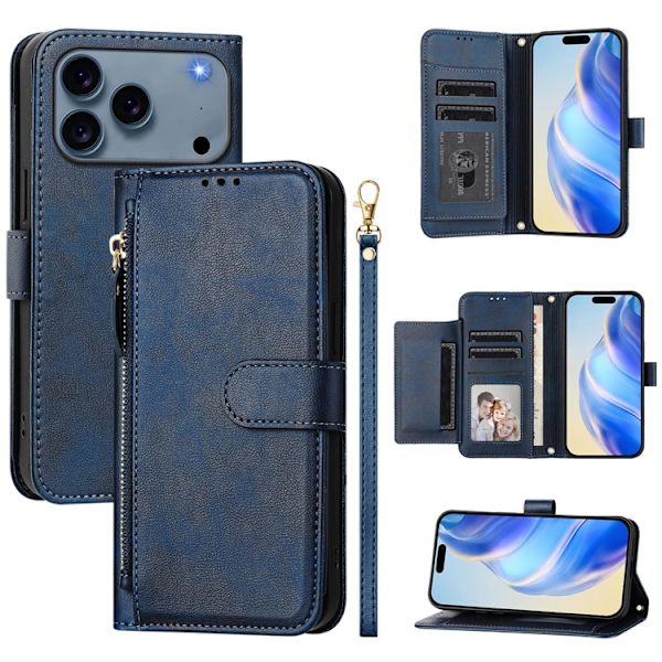 iPhone 17 Pro Plånboksfodral Zipper Pocket Läder - Blå Blå