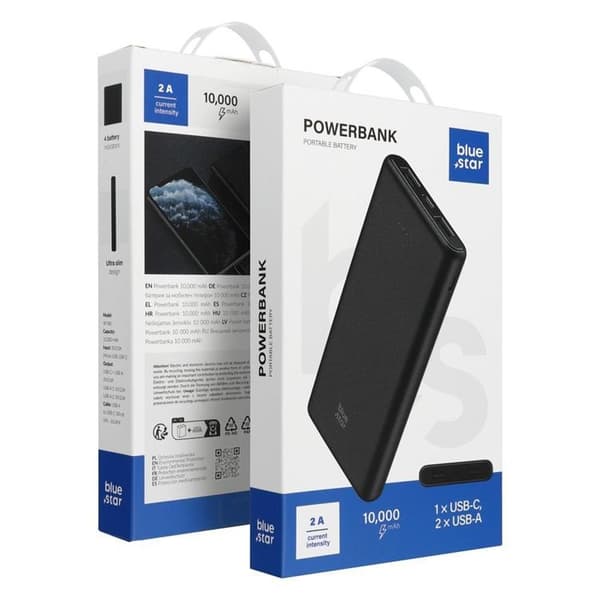 Blå Star Strømbank 10000 mAh 2A W1061 - Sort Black