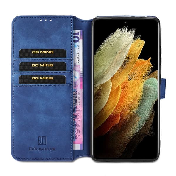 DG.MING Retro Konstläder Plånboksfodral för Samsung Galaxy S21 Ultra Blå