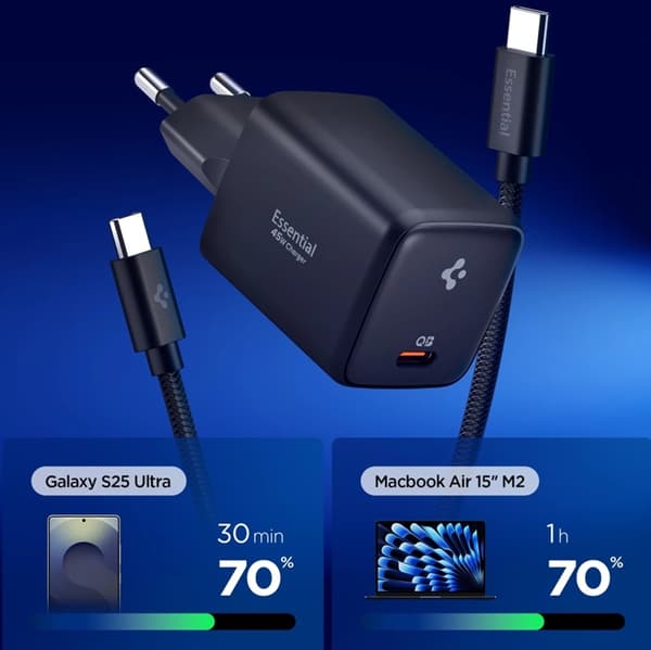 Spigen EE451EU Essential 1-Port Snabbladdare 45W + Typ-C Kabel - Svart Svart