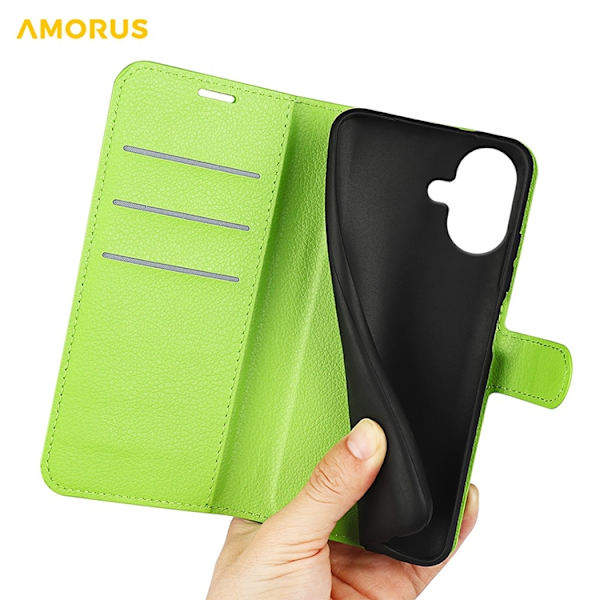 AMORUS iPhone 17 Konstläder Plånboksfodral Flipstativ Litchi - Grön Grön