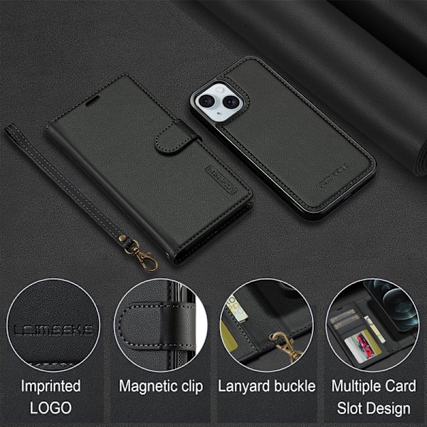 LC.IMEEKE L2 Series iPhone 15 Plus Plånboksfodral Konstläder - Svart