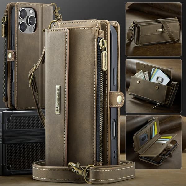 Caseme iPhone 16 Pro Max Konstläder Plånboksfodral RFID-Skydd Zipper - Brun Brun