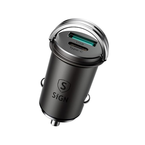 SiGN Mini Billaddare USB & USB-C, PD & Q.C3.0, 5A, 20W - Svart