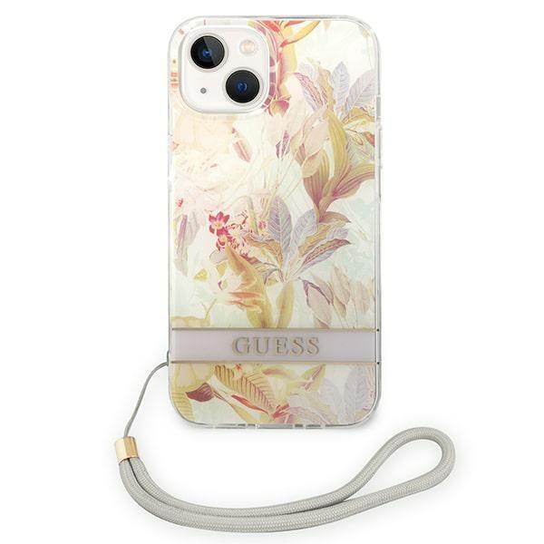 GUESS iPhone 14 Plus -kotelon kukkahihna - violetti