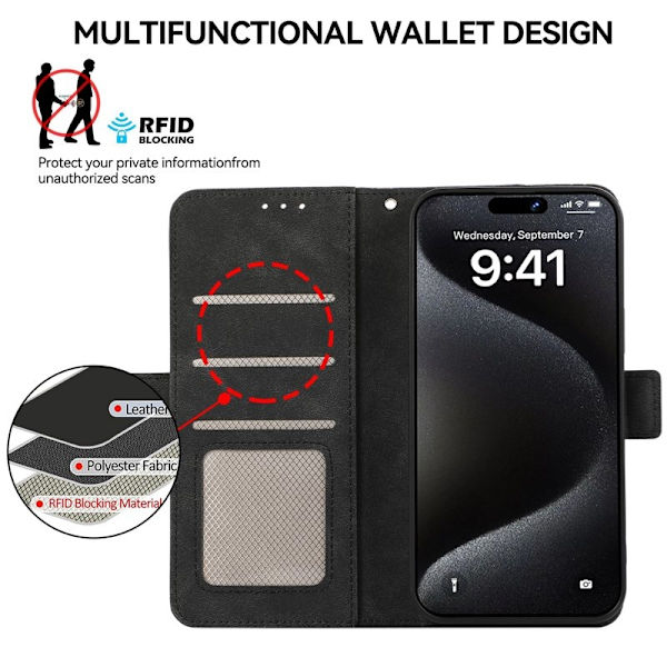 ABEEL iPhone 16 Plånboksfodral Konstläder RFID-Skydd Kortfack Svart