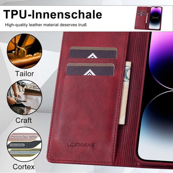 LC.IMEEKE iPhone 14 Pro Plånboksfodral i Konstläder - Röd