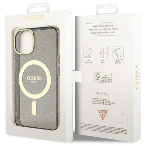 Guess iPhone 14 Mobilskal MagSafe Glitter Guld - Musta Black