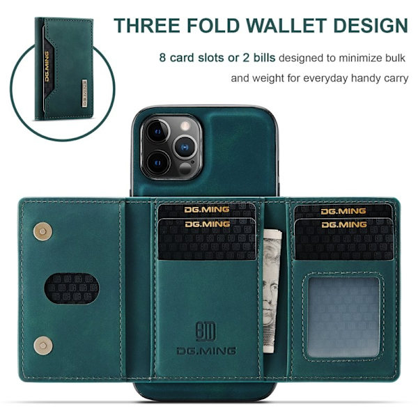DG.MING M2 Series 2-in-1 Tri-Fold Wallet Mobilskal iPhone 13 Pro Grön