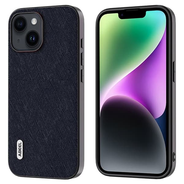ABEEL Mobilskal till iPhone 14 Plus Cross Texture Blå Äkta Läder Leather