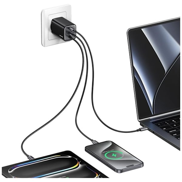 USAMS Hurtigoplader 65W 2xUSB-C 1xUSB-A GaN JC - Hvid Vit