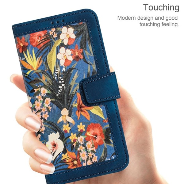 iPhone 15 Pro Plånboksfodral Flower Pattern - Mörkblå